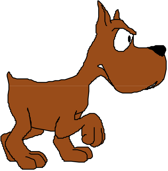 The images show a cartoon dog character named Scooby from "Scooby-Doo" standing on two legs in different poses: one looking to its left with an expression of surprise, another walking forward and slightly turning towards us while maintaining eye contact, both against black backgrounds.