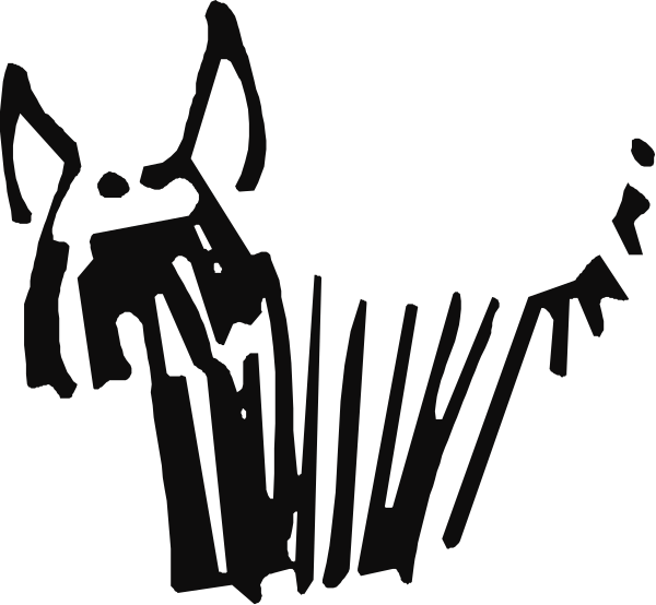 The black and white silhouette of a dog playing an accordion with its paws on top of it.