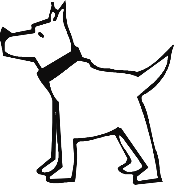 The black and white silhouette of a dog standing on its hind legs with front paws raised as if it's walking upright next to an arrow pointing upwards.