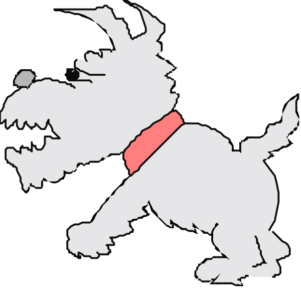 The image shows a cartoon of an animated dog with its mouth open as if barking at something off-camera. It has long fur on top but is mostly bald underneath except for around the neck area where it wears what appears to be a red collar or harness, and there's no visible background detail in this closeup image.