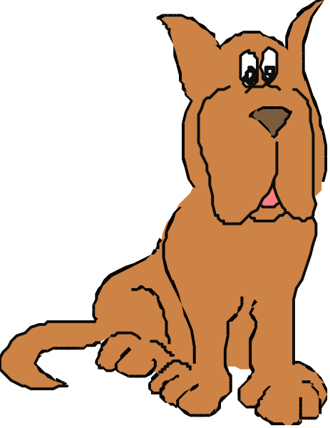 The image shows a cartoon of an orange dog sitting upright on its hind legs with front paws extended outward as if it's posing for a picture against a plain background.