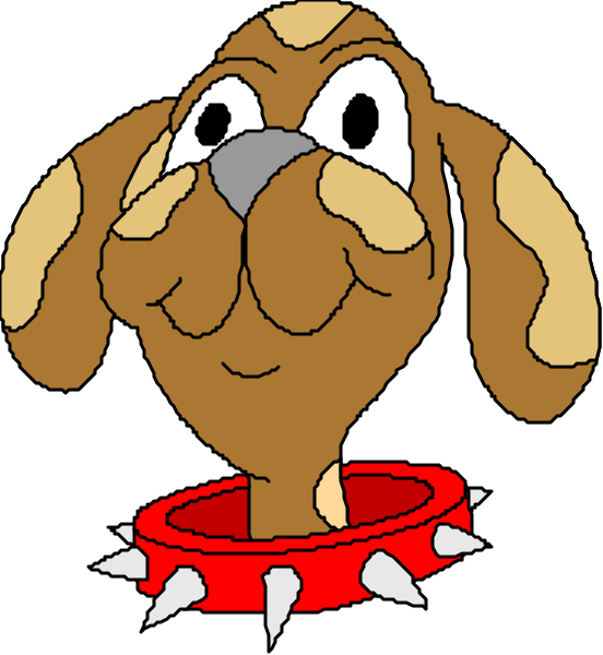 The left side of a split screen shows an animated dog with spiky hair wearing a red collar; on the right is another image featuring two dogs in different poses: one looking upwards while standing still, and the other sitting down next to it.