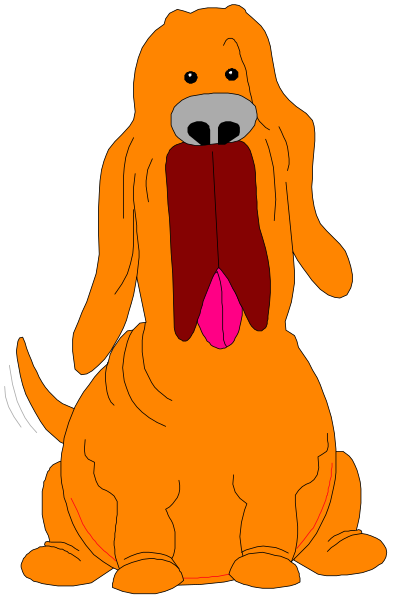 The image shows a cartoon of an orange dog with its mouth open wide as if it's yawning or panting heavily while standing on two legs in front of what appears to be a wall.