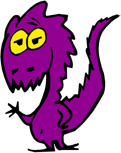 The image shows a cartoon purple dinosaur with yellow eyes standing upright on two legs against a black background.