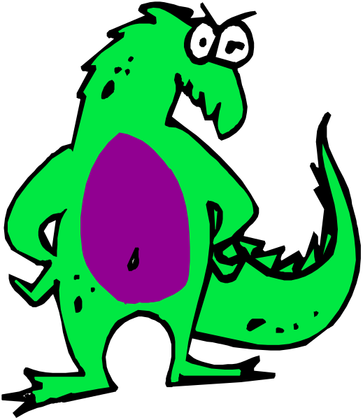 The image shows a cartoon of an alligator with purple spots on its body standing upright like a humanoid figure against a black background.