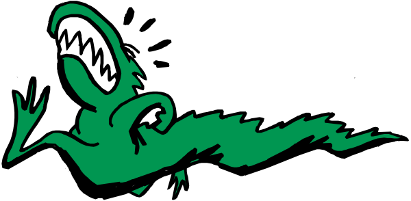 The image shows a cartoon alligator with an open mouth swimming underwater.