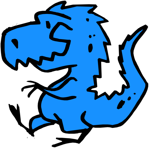 The image shows a cartoon of an animated dinosaur with its mouth open as if roaring, set against a black background.