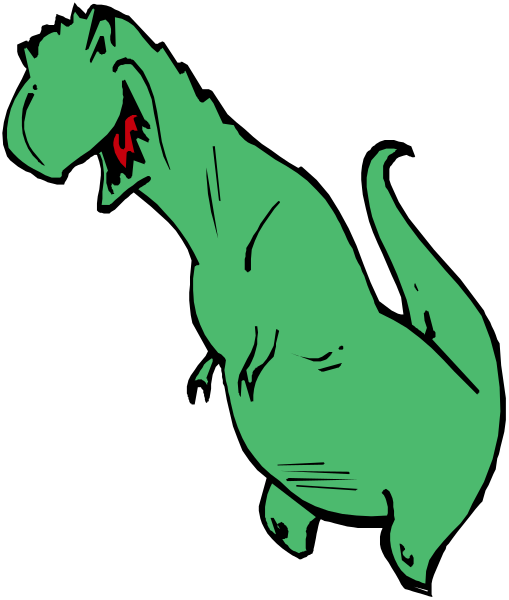 The image shows a cartoon of an animated green dinosaur with its mouth open as if roaring, standing on two legs against a black background.