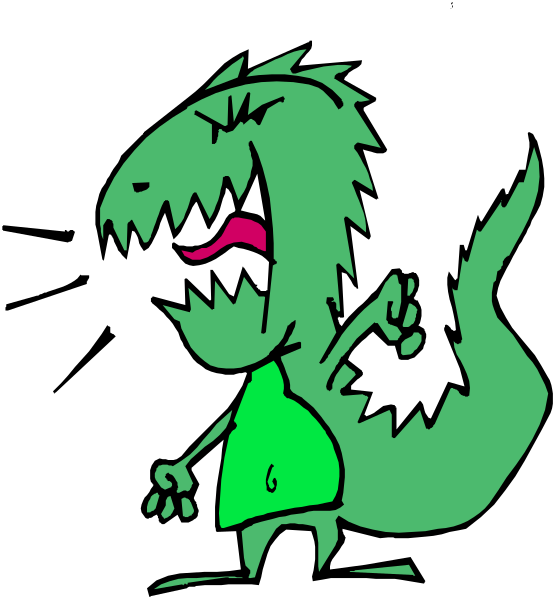The cartoon shows a green dinosaur with an open mouth standing on two legs against a black background; it appears to be shouting or roaring in surprise or excitement.