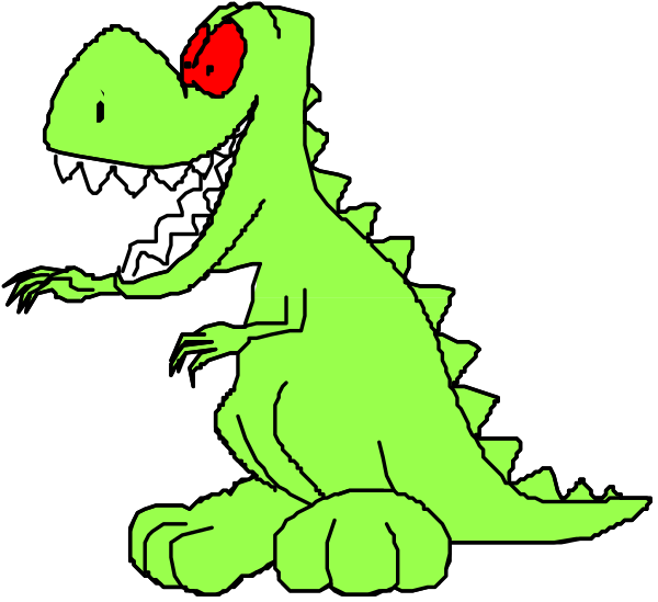 The image shows a cartoon of two dinosaurs: an adult green Tyrannosaurus Rex with its mouth open in mid-roar on top; below it is another smaller one that appears to be younger, also depicted as a Tyrannosaurus Rex but without any visible teeth. They are set against a black background and there's no text or additional elements present within the image frame provided by you.