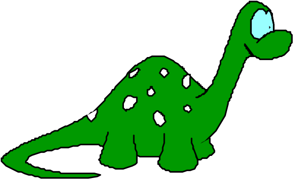 The image shows a cartoon of an animated dinosaur with spots on its body standing upright against a black background.