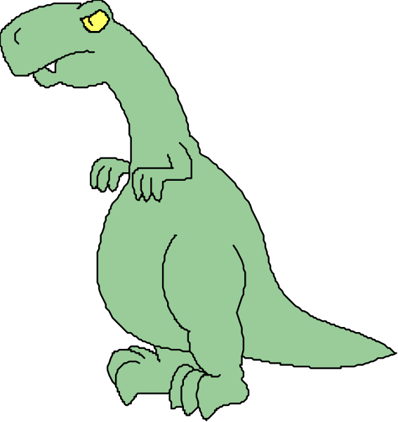 The image shows two panels of a cartoon depicting an animated dinosaur character with exaggerated facial expressions: in one panel it appears to be frowning, while in another its expression is neutral.