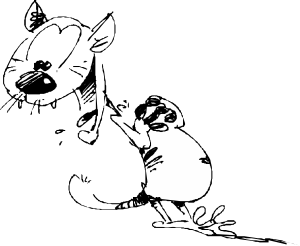 The black and white illustration shows a person lying down with their head resting on another object that appears to be an animal's body; both figures have dark outlines without any shading details within them.