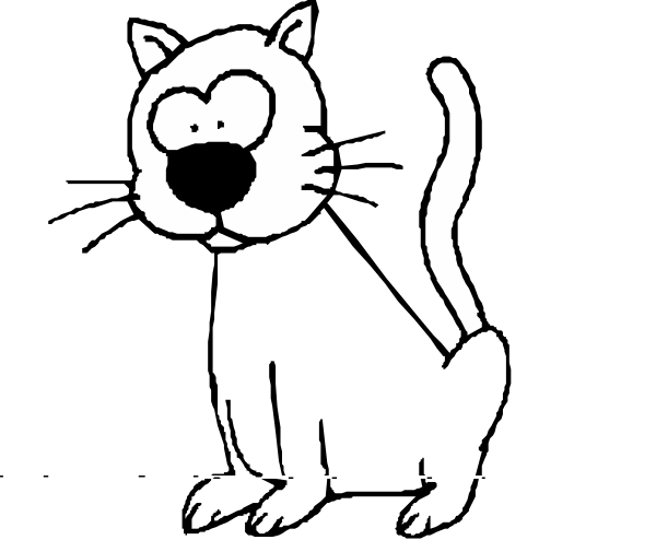 The black and white cartoon shows a cat with its tail curled up next to it on what appears to be an image of a book cover.