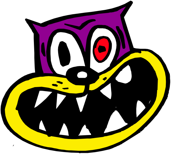 The image shows a cartoon of an anthropomorphic dog with exaggerated features such as large eyes and teeth, wearing purple clothing that resembles pants and shoes, standing against a black background.