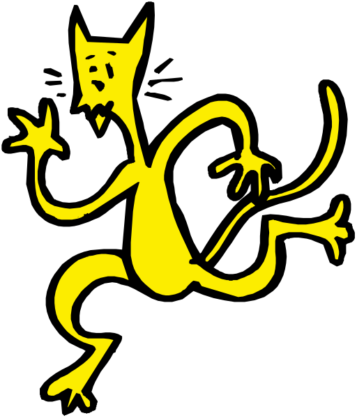 The black and white illustration features a cartoon cat with an exaggeratedly large head that is holding its paw out as if it's waving to someone off-camera.