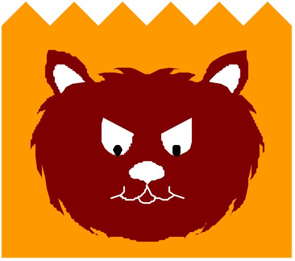 The image shows a cartoon cat with an angry expression inside of a red square frame that is part of another larger orange rectangular background framed by black lines on all sides within what appears to be a digital display screen, possibly from a video game console interface or similar technology-related setting.