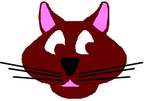 The image shows a cartoon cat with large eyes looking upwards to its left side of frame; it has pink fur on ears and paws, white whiskers, black spots around nose area, and is wearing what appears to be an orange collar.