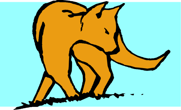 The image shows a cartoon of an elephant standing on its hind legs with trunk extended forward against a blue background.