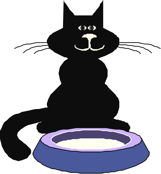 The image shows a cartoon of an animated black cat sitting next to its food bowl with water inside it on what appears to be a kitchen countertop against a white background.