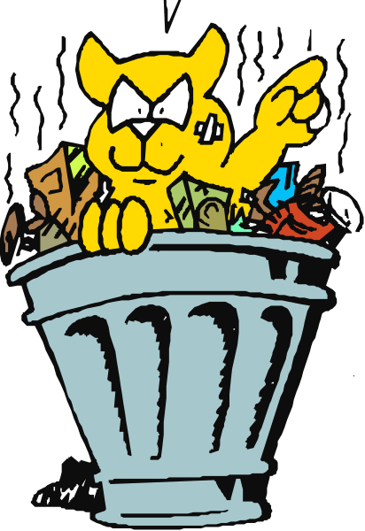 The cartoon depicts a yellow cat sitting inside an overflowing trash can filled with various items such as food packaging materials like bags of chips and candy wrappers; it is pointing its paw upwards towards something unseen, suggesting that there's more to come or being directed by someone out-of-frame.