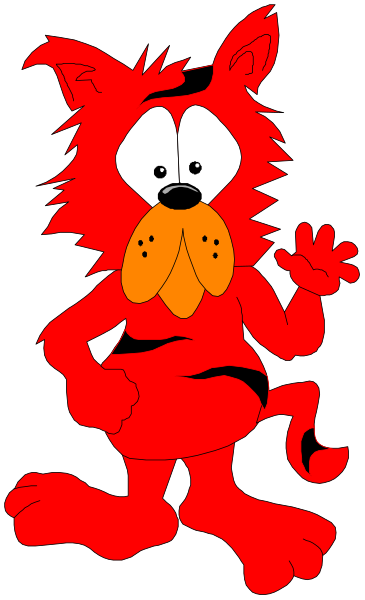 The image shows a red anthropomorphic dog character with large eyes standing upright on two legs against a black background.