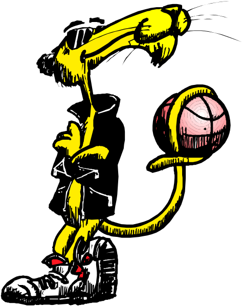 The black and white cartoon depicts a character holding an orange basketball with two hands while standing on what appears to be a court surface.