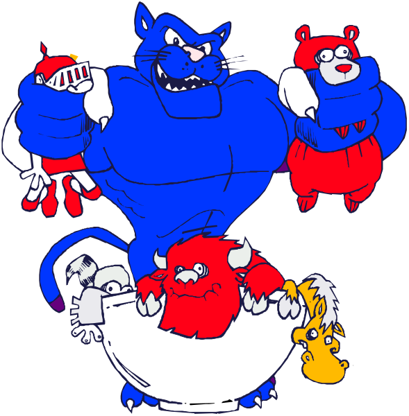 The image shows a cartoon of three anthropomorphic characters: on top is an adult blue cat with muscles; below it to its left stands another character that appears to be a red dog wearing glasses; beneath them, there's a large white bowl containing two smaller animals resembling cats and one looking like a rabbit. The background features the silhouette of what seems to be a castle or fortress in blue with towers on either side.
