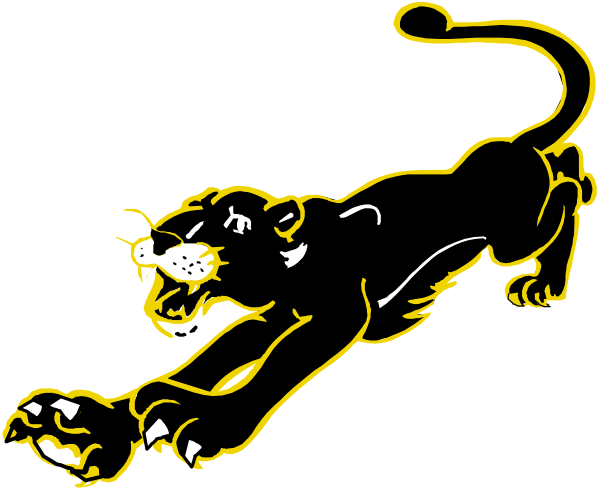 The black panther with a yellow outline appears to be running on its hind legs towards something off screen while looking back over its shoulder in an animated clip-art image.