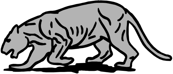 The black and white illustration shows a tiger lying down with its head resting on what appears to be another animal's body; both creatures have stripes resembling fur patterns of big cats.