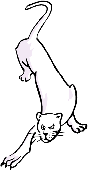 The black and white illustration shows a cartoon of an animal that resembles both a cat and a panther with its tail curled up in front of it while standing on one leg against a dark background, giving off a playful vibe.