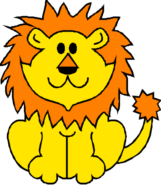 The image shows a cartoon lion sitting upright with its tail curled around it against an orange background.