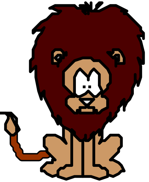 The image shows a cartoon lion with red hair standing upright on two legs against a black background.