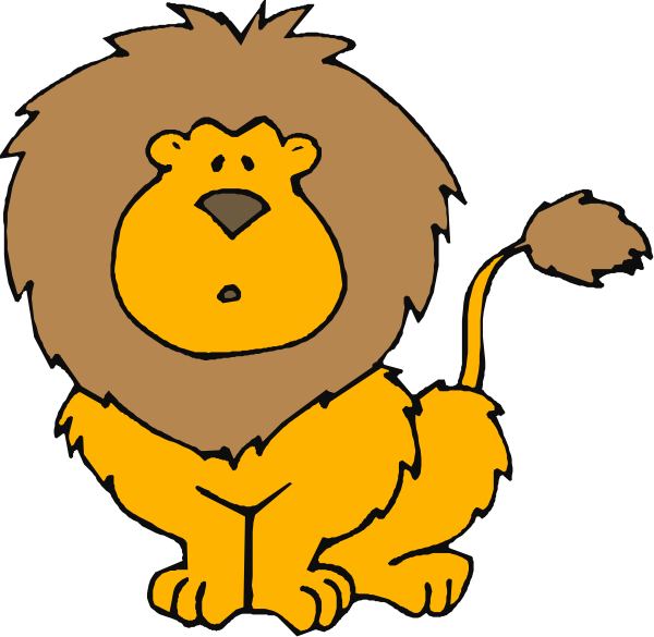 The image shows two cartoon lions sitting side by side against a black background; both have brown manes with tufts of hair on their heads and tails that end in small puffs at the tips, suggesting playfulness.