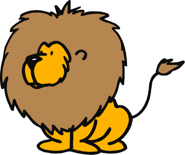 The image shows two cartoon lions: a large lion sitting down with its head turned to look at another smaller lion standing up next to it on what appears to be grassy ground in an outdoor environment.