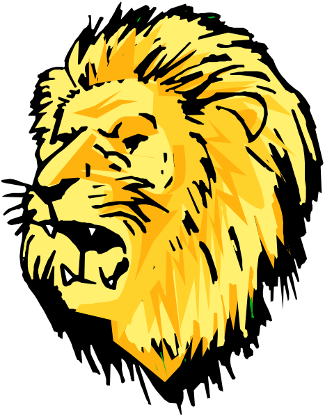 The image shows a stylized illustration of an animated lion's head with its mouth open as if roaring against a black background.