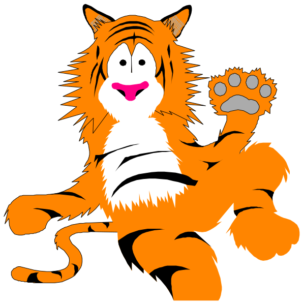 The images show a cartoon tiger character with its paw raised as if waving hello from two different angles: one front view where it appears to be sitting on all fours in an upright position, and another side angle showing only half of the body while still maintaining that same pose.