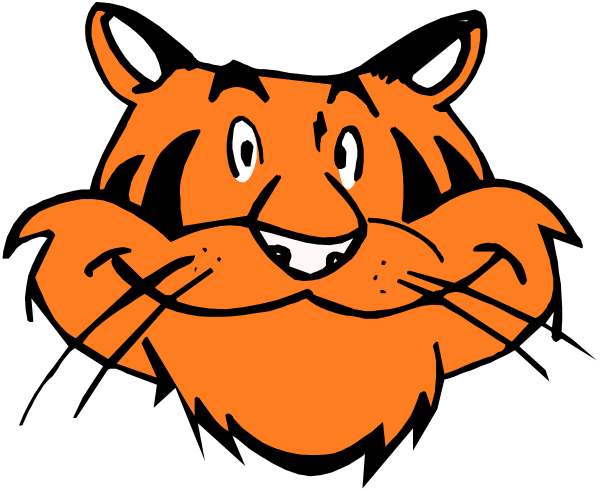 The image shows a black and white cartoon of two tigers with exaggerated facial expressions; on the left is an orange tiger looking surprised while holding its paw to its mouth as if whispering, and on the right is another similar-looking tiger smiling broadly at something offscreen.