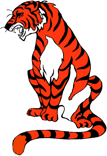 The image shows a stylized graphic of an orange tiger sitting on its hind legs with front paws raised as if roaring, set against a black background.