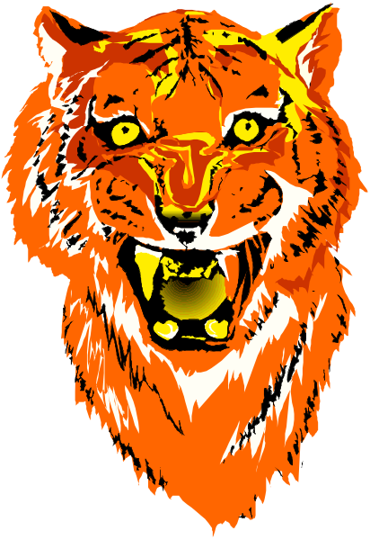 The image shows a stylized depiction of an orange tiger's head with its mouth open as if roaring against a black background.