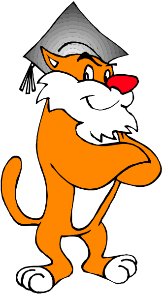 The image shows a cartoon cat with an orange coat standing upright on its hind legs against a black background; it has white paws and is wearing glasses over one eye.