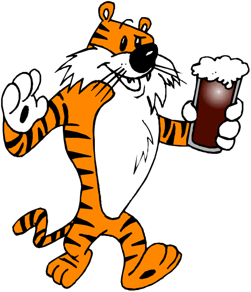 The cartoon depicts a tiger character holding a beer mug while standing on two legs with its arms outstretched in front of it as if waving to someone off-camera.