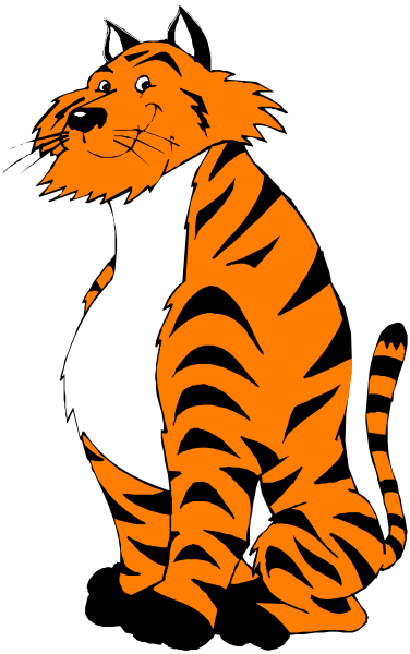 The image features a cartoon tiger character standing upright on its hind legs with an anthropomorphic human-like posture against a black background.