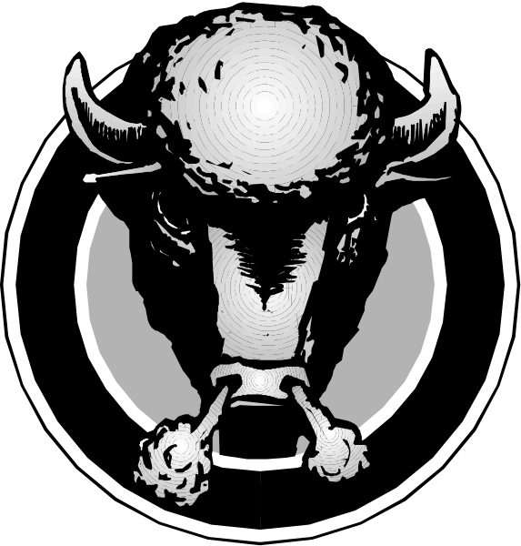 The black and white images show a stylized depiction of two bull heads with horns facing each other against different background designs; one has an abstract pattern while the other features what appears to be a circular emblem resembling a shield, possibly suggesting rivalry or competition between them.