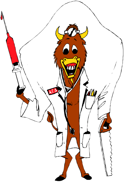 The cartoon features a character dressed as an animal doctor holding a syringe with a needle pointing upwards while wearing medical attire including stethoscope around neck, white coat over body, and hat on head; in background is another figure resembling devil's horned creature standing behind the first.