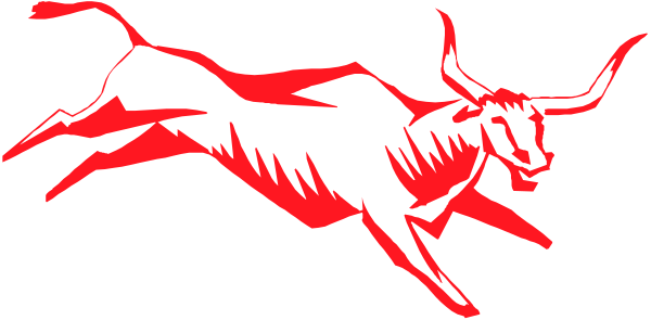 The image shows a red bull with horns charging towards an unseen target on what appears to be a black background.
