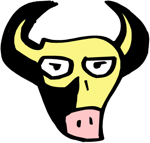 The image shows a cartoon of an animal with horns that resembles a bull's head wearing glasses, set against a black background.