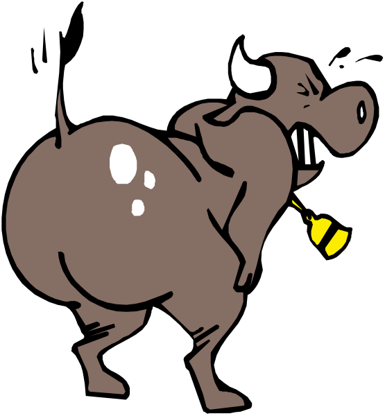 The cartoon depicts a brown cow with horns standing on two legs next to an upright wooden post; it is holding something yellow in its mouth while looking upwards as if surprised by someone taking this photo, and there's no one else around.