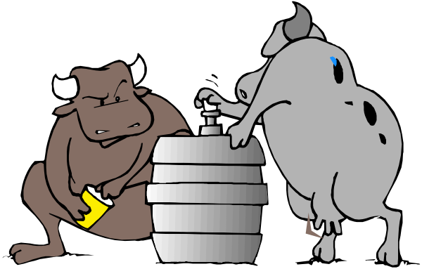 The black and white cartoon shows two anthropomorphic bulls standing next to a stack of blocks with their horns intertwined; one is holding what appears to be an object in its mouth while looking at another, who seems surprised by this action.