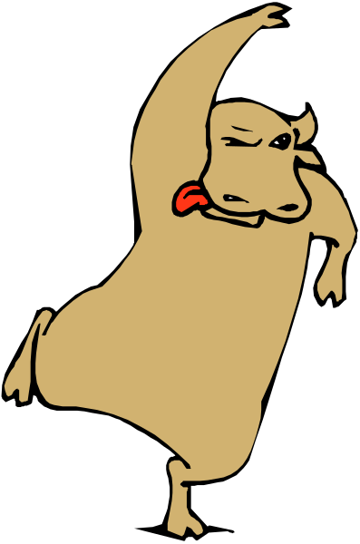 The image shows a cartoon of an animated cow with its tongue sticking out while performing what appears to be breakdancing moves against a black background.